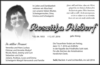 Traueranzeige von Roswitha Alsdorf von Südthüringer Presse