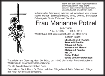 Traueranzeige von Marianne Potzel von Frankenpost