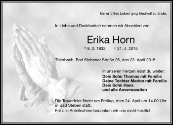 Traueranzeige von Erika Horn von Frankenpost
