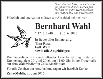 Traueranzeige von Bernhard Wahl von Südthüringer Presse