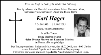 Traueranzeige von Karl Hager von Frankenpost