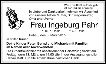 Traueranzeige von Ingeburg Pahr von Frankenpost