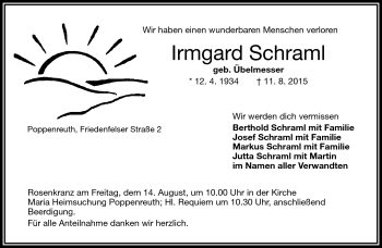 Traueranzeige von Irmgard Schraml von Frankenpost