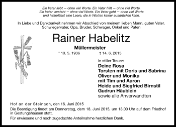 Traueranzeige von Rainer Habelitz von Neue Presse Coburg