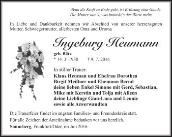 Traueranzeige von Ingeburg Heumann von Südthüringer Presse