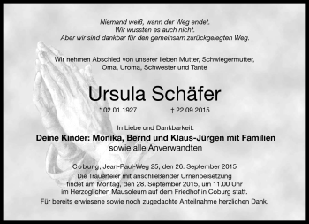 Traueranzeige von Ursula Schäfer von Neue Presse Coburg