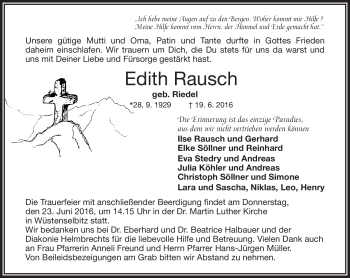 Traueranzeige von Edith Rausch von Frankenpost