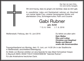 Traueranzeige von Gabi Rubner von Frankenpost