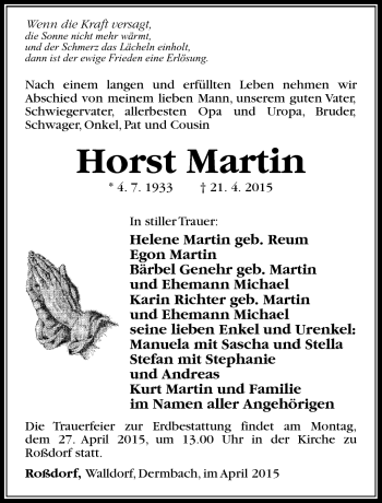 Traueranzeige von Horst Martin von Südthüringer Presse