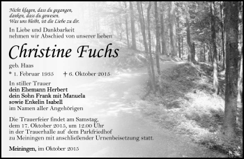 Traueranzeige von Christine Fuchs von Südthüringer Presse