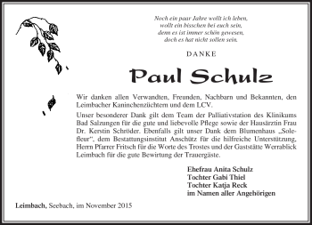 Traueranzeige von Paul Schulz von Südthüringer Presse