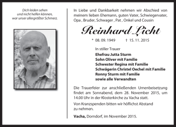 Traueranzeige von Reinhard Licht von Südthüringer Presse