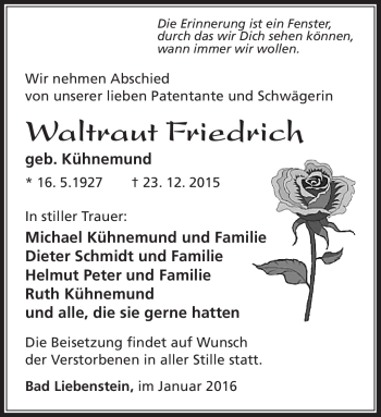 Traueranzeige von Waltraut Friedrich von Südthüringer Presse