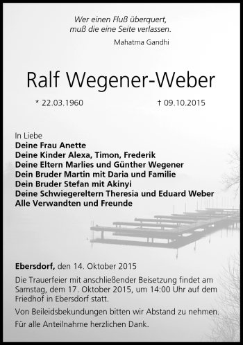 Traueranzeige von Ralf Wegener-Weber von Neue Presse Coburg