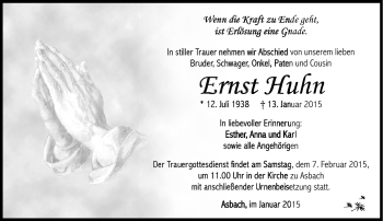Traueranzeige von Ernst Huhn von Südthüringer Presse