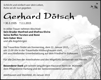 Traueranzeige von Gerhard Dötsch von Südthüringer Presse