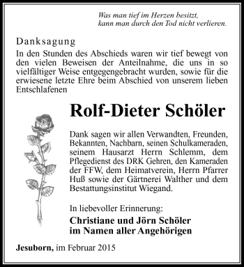 Traueranzeige von Rolf-Dieter Schöler von Südthüringer Presse