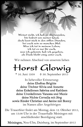 Traueranzeige von Horst Glowig von Südthüringer Presse