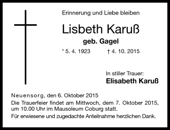 Traueranzeige von Lisbeth Karuß von Neue Presse Coburg