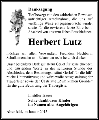 Traueranzeige von Herbert Lutz von Südthüringer Presse