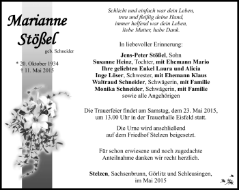 Traueranzeige von Marianne Stößel von Südthüringer Presse