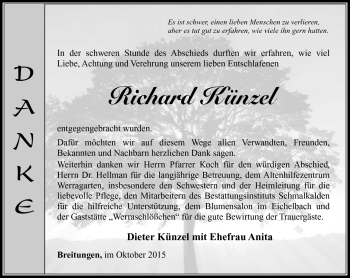 Traueranzeige von Richard Künzel von Südthüringer Presse