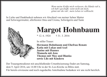 Traueranzeige von Margot Hohnbaum von Südthüringer Presse