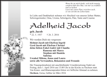 Traueranzeige von Adelheid Jacob von Südthüringer Presse