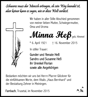 Traueranzeige von Minna Heß von Südthüringer Presse