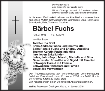 Traueranzeige von Bärbel Fuchs von Südthüringer Presse