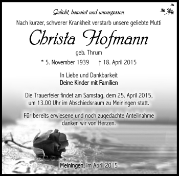 Traueranzeige von Christa Hofmann von Südthüringer Presse