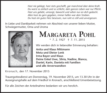 Traueranzeige von Margareta Pohl von Neue Presse Coburg