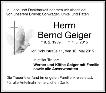 Traueranzeige von Bernd Geiger von Frankenpost