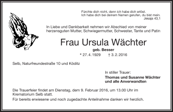 Traueranzeige von Ursula Wächter von Frankenpost