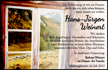 Traueranzeige von Hans-Jürgen Weinert von Südthüringer Presse