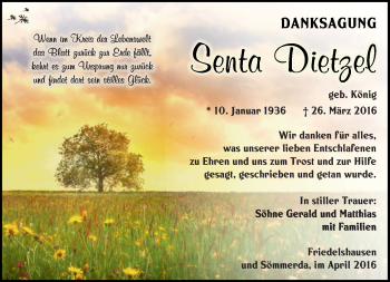 Traueranzeige von Senta Dietzel von Südthüringer Presse
