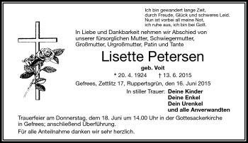 Traueranzeige von Lisette Petersen von Frankenpost
