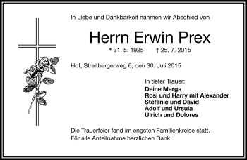 Traueranzeige von Erwin Prex von Frankenpost