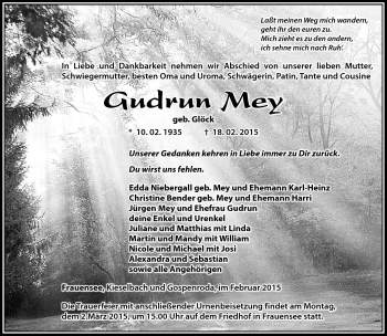 Traueranzeige von Gudrun Mey von Südthüringer Presse