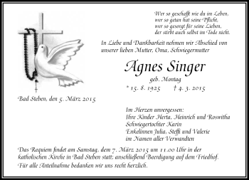 Traueranzeige von Agnes Singer von Frankenpost