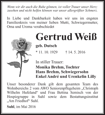 Traueranzeige von Gertrud Weiß von Südthüringer Presse