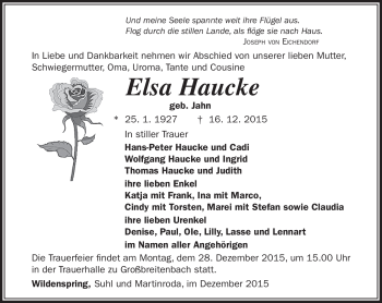 Traueranzeige von Elsa Haucke von Südthüringer Presse