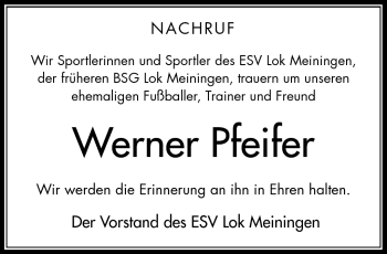 Traueranzeige von Werner Pfeifer von Südthüringer Presse