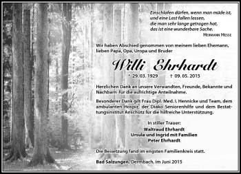 Traueranzeige von Willi Ehrhardt von Südthüringer Presse
