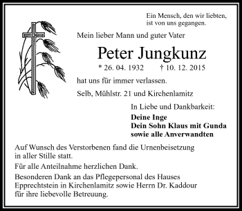 Traueranzeige von Peter Jungkunz von Frankenpost