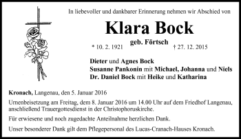 Traueranzeige von Klara Bock von Neue Presse Coburg