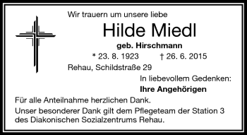Traueranzeige von Hilde Miedl von Frankenpost