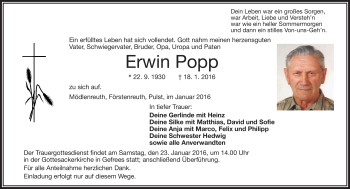 Traueranzeige von Erwin Popp von Frankenpost