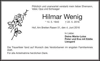 Traueranzeige von Hilmar Wenig von Frankenpost