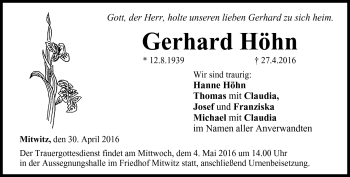 Traueranzeige von Gerhard Höhn von Neue Presse Coburg